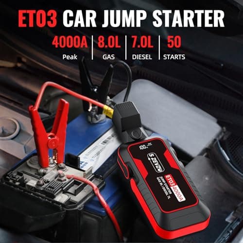S ZEVZO ET03 Car Jump Starter 4000A Jump Starter Battery Pack for Up to 8.0L Gas and 7.0L Diesel Engines, 74Wh Portable 12V Jump Box with USB Ports, LCD Display, Storage Case, and  thumbnail 2