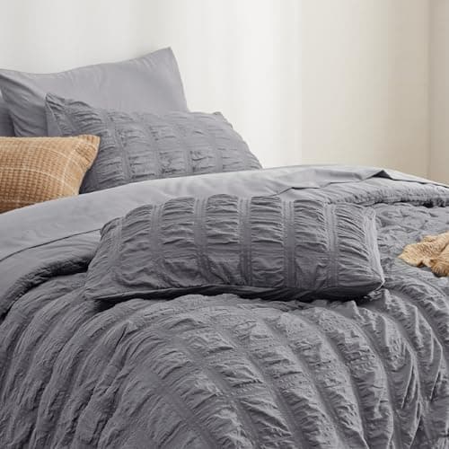 Bedsure Bed in a Bag Queen - 7 Pieces Plaid Seersucker Bedding Comforter Sets, Soft Lightweight Grey Boho Bed Set with Comforters Queen Size, Sheets, Pillowcases & Shams thumbnail 4