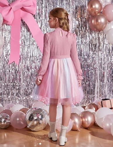 Arshiner Pink Rainbow Fall Spring Tulle Dress for Tween Girl Valentines Party Sweater Tutu Dresses for 12-13 Years