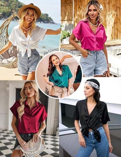 Miniatura de Pijama de Satén Ekouaer para Mujer: Set 2 Piezas, Suave, Botones, Pantalón Ancho con Bolsillos - Negro 6