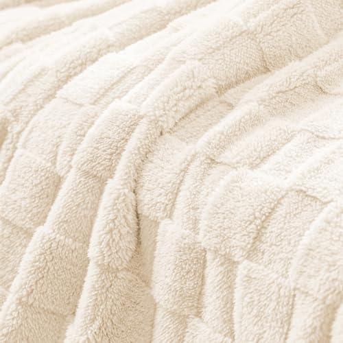Exclusivo Mezcla Fleece Throw Blanket for Couch,Super Soft and Warm Lightweight Checkered Pattern Blankets for All Seasons, 50x60 Inches, Ivory thumbnail 6