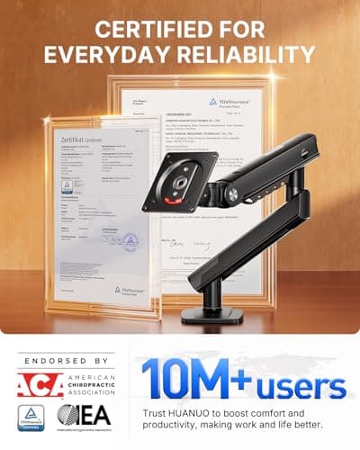 HUANUO FlowLift™ Pro Monitor Arm for 13–32" Screens, MechaSpring Monitor Mount, Fully-Adjustable Monitor Stand with Tilt/Swivel/Rotation, Tool-Free VESA Mount, C-Clamp/Grommet Base