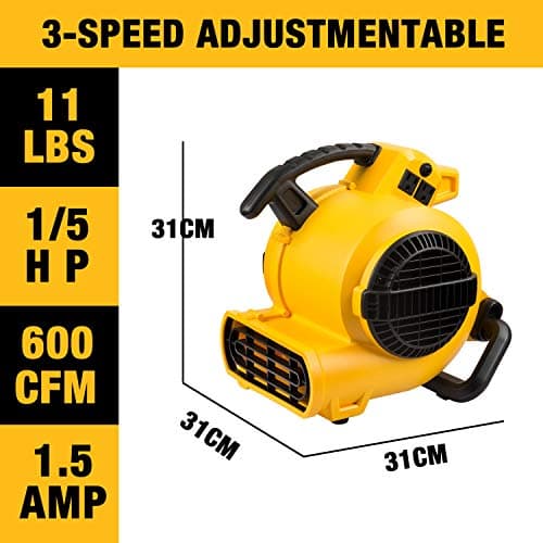 Ventilador Industrial Portátil DEWALT: Potente Secador de Piso, 276W, 3 Velocidades