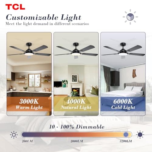 TCL Ceiling Fans with Lights, 52 Inch Ceiling Fan with Light and Remote Control, Reversible DC Motor, Noiseless, Dimmable 36W LED, Modern Ceiling Fan for Bedroom Living Room (Black thumbnail 6
