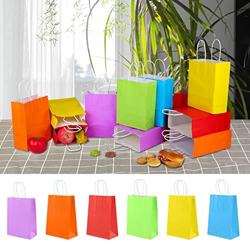 XPCARE 32Pcs Paper Gift Bags, 5.25x3.25x8.25'' Kraft Paper Party Favor Bags Bulk Rainbow Goodie Bags Small Gift Bags with Handles for Kids Birthday Baby Shower Crafts Wedding Party
