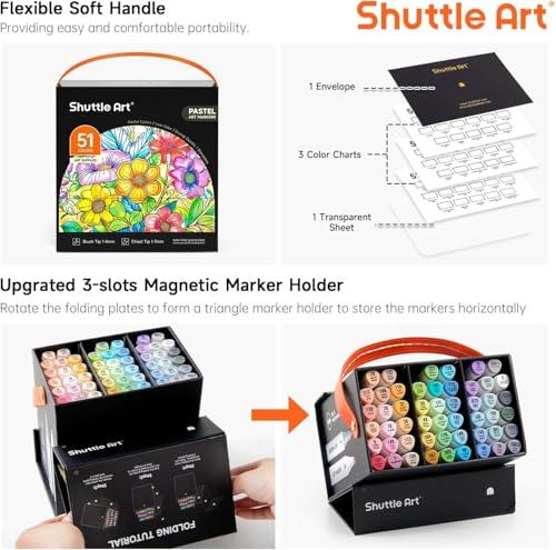 Shuttle Art Pastel Alcohol Markers Brush tip, Dual Tip Brush & Chisel Tip Art Marker Set, 50 Colors plus 1 Blender Marker Pens with Case Perfect for Illustration Students Adults Co
