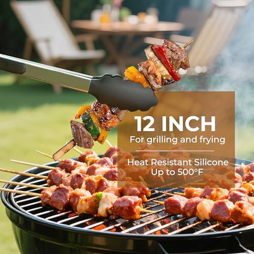 FINENUT Stainless Steel&Silicone Food Tongs Set of 2 (9+12 Inch)-BPA-Free&Non-Toxic Heat Resistant Non-Scratch BBQ&Cooking Tools,Strong Grip Locking for Grilling,Air Fryer,Salad,Di