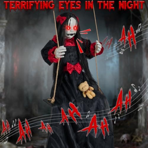 Scary Halloween Hanging Decorations Outdoor,4.6FT Hanging Swing Girl Doll | Slap Activated Creepy Halloween Hanging Prop with Spooky Sounds Expressions & Light-Up Eyes for Yards,Patios & Haunted House