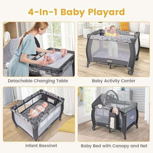 INFANS 4 in 1 Pack and Play, Portable Travel Baby Playard with Bassinet, Changing Table, Canopy, Mosquito Net, Hanging Toys, Music Box, Storage Bag, Large Playpen from Newborn to T thumbnail 5