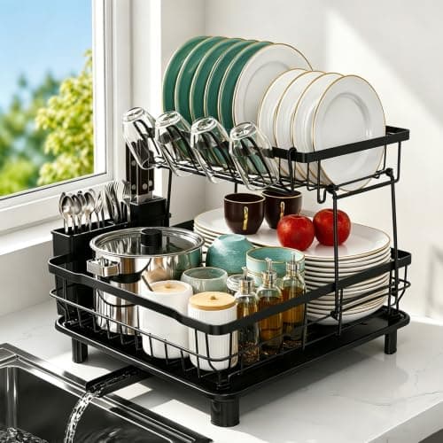 2-Tier Multifunctional Dish Drying Rack, Sturdy and Space-Saving | Large 12.95''W x 19.05''L x 12.63H Dish Drainer for Kitchen, Upgraded Drainage System, Stable and Slip-resistant Construction