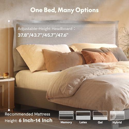 Cama Queen FLEXISPOT Tapizada con Cabecera Ajustable, Puertos USB/Tipo-C y 900 lbs – Gris Claro