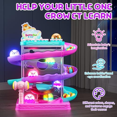 2-in-1 Rolling Ball & Car Ramp Race Track for Toddlers, Hammer Ball Drop Toy for Boys & Girls, Interactive Toys w/Sensor Lights - Montessori STEM Learning Toys - Brithday Gift for 