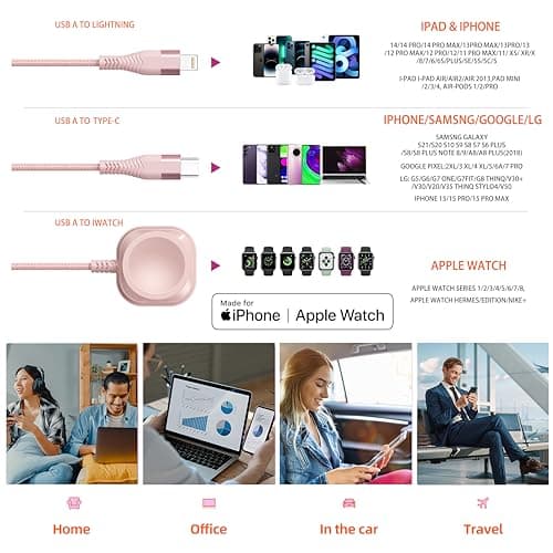 Apple Watch Charger Multi Charging Cable 6FT, Nylon Braided USB AM Port to Lightning Type C USB C Cord iWatch Magnetic Wireless 3 in 1 Charging Wire for iPhone Android Phone and iW thumbnail 6