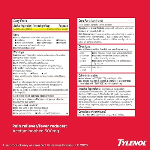 Tylenol Rapid Release Extra Strength Gelcaps, Acetaminophen 500 mg per Gel, Laser Drilled Holes Allow Fast, Strong Pain Relief, Fever Reducer, Gentle on Stomach, 100 Count Size thumbnail 8