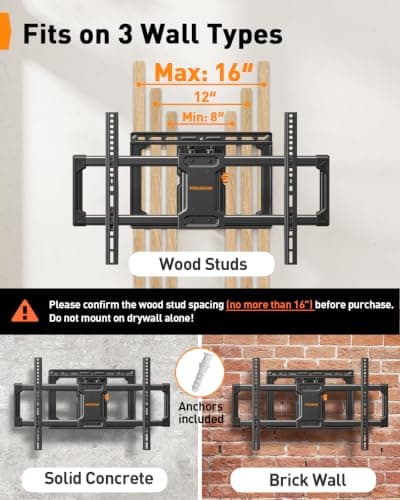 Perlegear UL Listed Full Motion TV Wall Mount for 42-90" TVs up to 132lbs