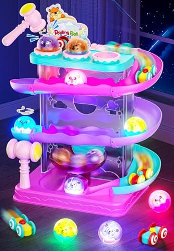 2-in-1 Rolling Ball & Car Ramp Race Track for Toddlers, Hammer Ball Drop Toy for Boys & Girls, Interactive Toys w/Sensor Lights - Montessori STEM Learning Toys - Brithday Gift for 