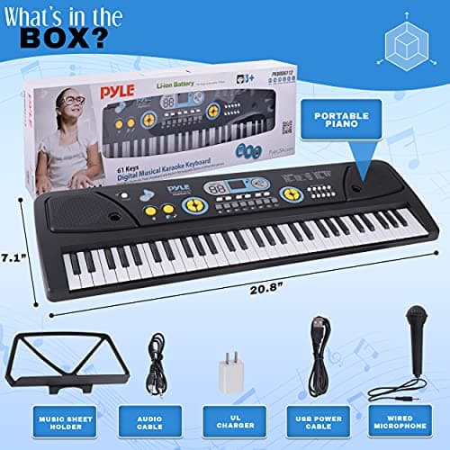 PYLE Electric Piano, Electric Keyboard Piano, Music Keyboard - 61 Keys, 16 Tones, 10 Rhythms, Stereo Speakers, Rechargeable Battery, Wired Microphone Included, Perfect for Kids and