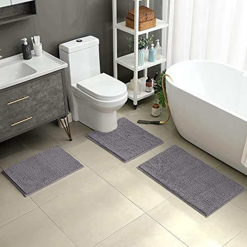HOMEIDEAS Juego de 3 Tapetes de Baño Chenilla, Suaves, Gruesos, Absorbentes y Antideslizantes, Gris