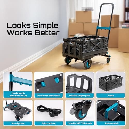 SEESII Foldable Dolly Cart with Folding Basket, 330 lbs Max Capacity Portable Hand Cart, 2-in-1 Heavy Duty Folding Hand Truck with Adjustable Retractable Handle for Moving, Deliver thumbnail 9