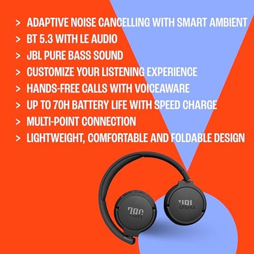 JBL Tune 670NC - Adaptive Noise Cancelling with Smart Ambient Wireless On-Ear Headphones, Up to 70H Battery Life with Speed Charge, Lightweight, Comfortable and Foldable Design (Bl thumbnail 5