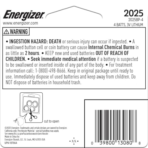 Energizer 2025 Batteries (4 Pack), 3V Lithium Coin Lithium Batteries with 3-in-1 Child Shield