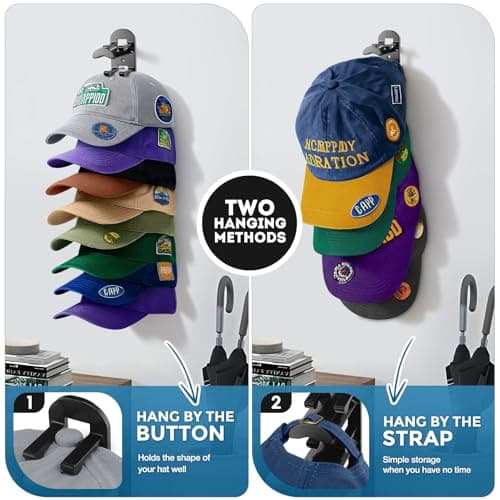 2 Pack Hat Organizer for Baseball Caps, Hat Rack for Wall Hold Up to 20 Hats, Hat Holder with Strong Adhesive and Screws, Hat Organizer Wall Mounted Hat Hanger Display for Door Closet Bedroom(B-Black)