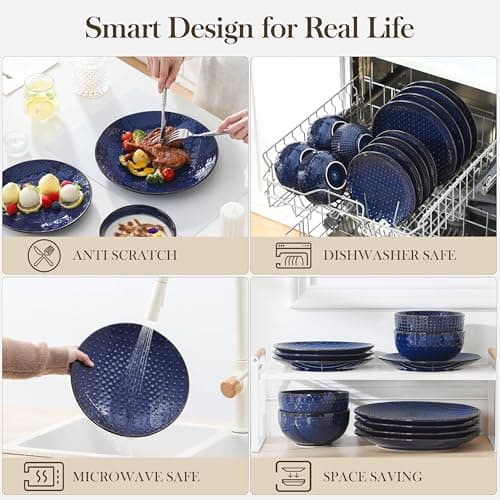 MALACASA 12 Pieces Dinnerware Sets, Modern Plates and Bowls Sets, Blue Dish Set for 4, Kitchen Ceramic Dinner Plates Dishware Set, Microwave and Dishwasher Safe, Series LYDIA thumbnail 4