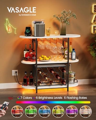 VASAGLE Bar Cabinets for Home, LED Coffee Bar with Power Outlets, Home Mini Bar for Liquor, Freestanding Wine Rack with Glass Holder, Kitchen, Dining Room, Rustic White ULWR007W01 thumbnail 7