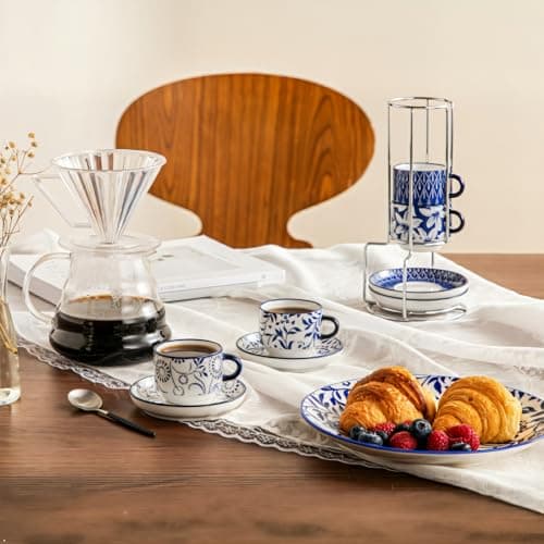 vancasso 2.5OZ Espresso Cups Set of 4, Porcelain Stackable Cappuccino Cups, Demitasse Coffee Cups and Saucers Set with Metal Stand for Specialty Drinks, Series SELENE (Vintage Blue thumbnail 6