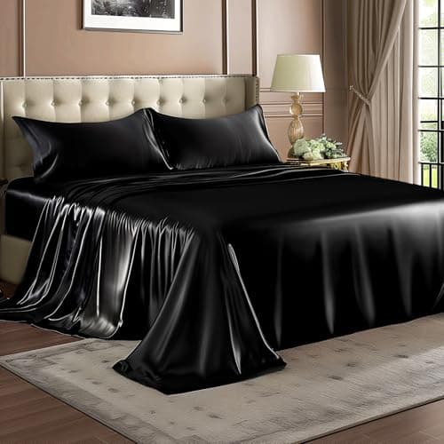 BEDELITE Satin Sheets Queen Size Bed Set, Luxury Soft Black Silky Sheets for Hair and Skin, Similar to Silk Bed Sheets Set 4 Pieces with 1 Deep Pocket Fitted Sheet, 1 Flat Sheet, a thumbnail 8