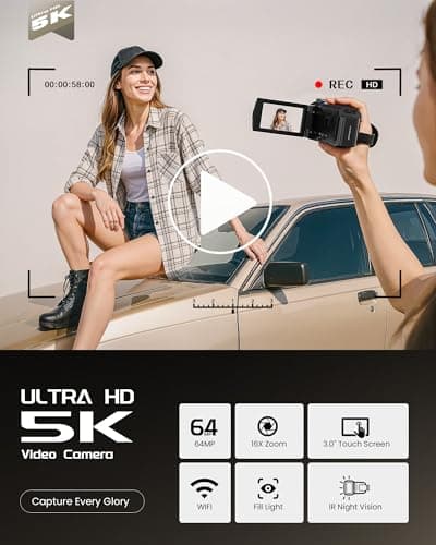 Cámara de Video 5K UHD 64MP para Vlogging YouTube con Pantalla Táctil, Visión Nocturna y Accesorios