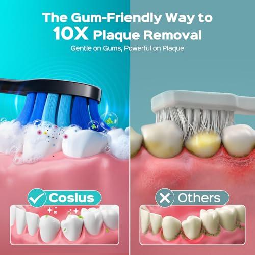 COSLUS Sonic Electric Toothbrush for Adults: 3 Intensities & 5 Modes Gum-Friendly for Deep Cleaning & Whitening - 2 Types of Heads for Family, Sensitive Teeth, Braces, Travel & Hom