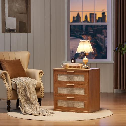 Buró de Noche LEYAOYAO de Rattan con 3 Cajones Estilo Boho
