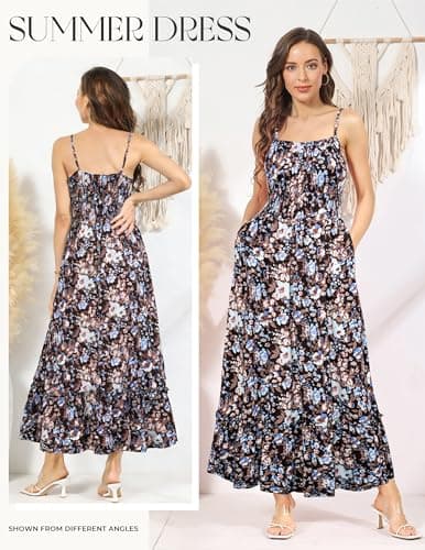 GRACE KARIN Summer Dresses for Women 2026 Vacation,Smocked Floral Maxi Dresses,Boho Beach Long Sundress Black Floral M thumbnail 4