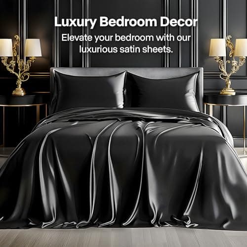 BEDELITE Satin Sheets Queen Size Bed Set, Luxury Soft Black Silky Sheets for Hair and Skin, Similar to Silk Bed Sheets Set 4 Pieces with 1 Deep Pocket Fitted Sheet, 1 Flat Sheet, a thumbnail 2