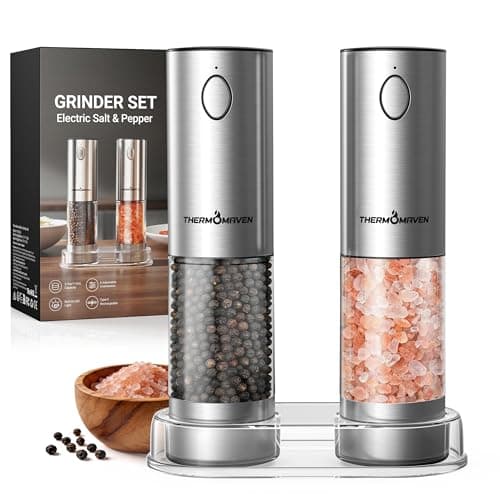 ThermoMaven Upgraded Larger Capacity Electric Salt and Pepper Grinder Set, 110ml Rechargeable Salt and Pepper Shaker with LED Light, Stainless Steel Automatic Pepper Mill with 6 Ad