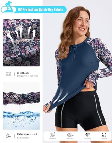 Viodia Womens Swim Shirt UPF50+ Rash Guard Long Sleeve Swimsuit Top Sun Protection Shirts Bathing Suit with Zipper Purple Flower XS thumbnail 6