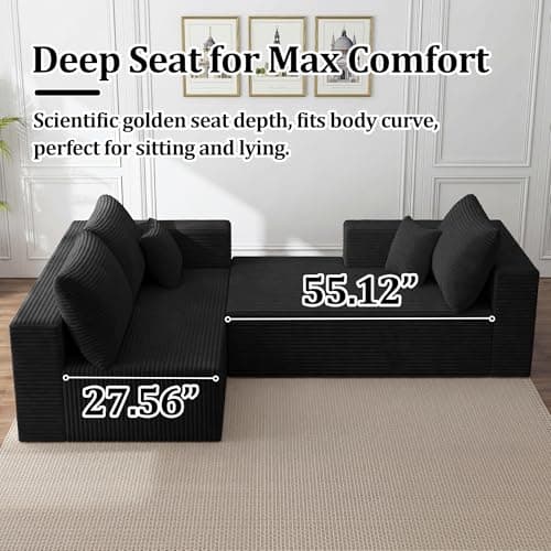 92.5" Modular Sectional Sofa, L-Shaped Cloud Couch with Deep Seats and Chaise, Upholstered Corduroy Boneless Couch for Living Room Small Space, No Need Assembly - Black(Left Facing thumbnail 5