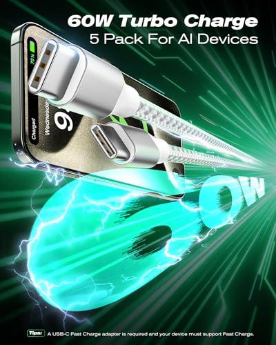 SwaggWood USB C to USB C Cable, 5-Pack [3/3/6/6/10FT] 60W USBC Fast Charging Cable Nylon Braided Type C Charger Cord for iPhone 17/16/iPad Pro/MacBook Air and More thumbnail 3