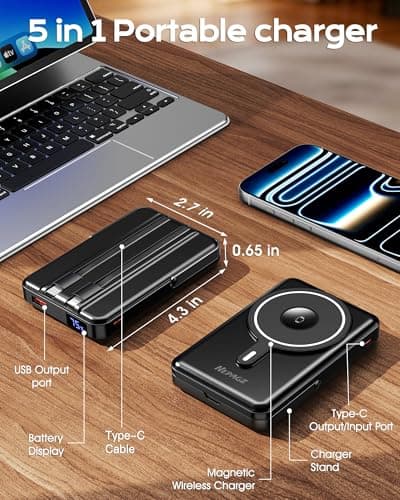 Nepagz for Magsafe Portable Charger, 10000mAh Magnetic Power Bank with Foldable Stand, PD 22.5W Fast Charging with USB-C Cable, Wireless Portable Charger for iPhone 17/16/15/14/13/ thumbnail 6