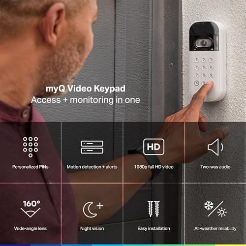 myQ Smart Garage Door Video Keypad + Rechargeable Battery, with Wide-Angle Camera, Customizable PIN Codes, and Smartphone Control, Works with Chamberlain, LiftMaster and Craftsman openers