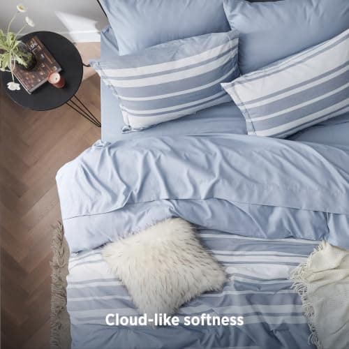 Bedsure Blue Comforter Set, Queen Size Bedding Set, Striped 7 Piece | Bed in a Bag, Bedroom, Plaid, Nautical, Cationic Dyeing, Gift Choice, Whisper-Quiet, OEKO thumbnail 8