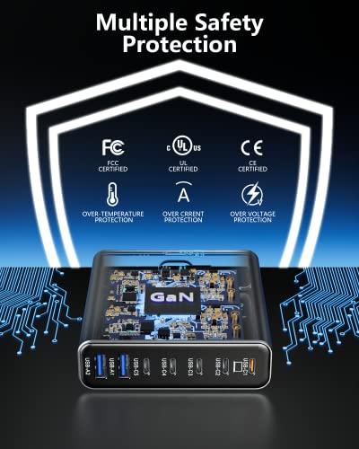 Cargador Rápido USB C GaN de Aleación de Aluminio 260W, 7 Puertos 65W para Laptops (Gris)