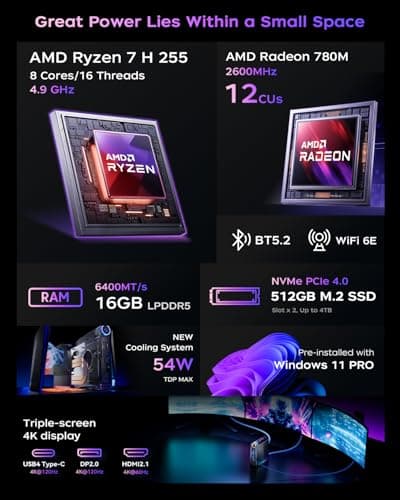 ACEMAGICIAN S3A Mini PC, Ryzen 7 H 255 (Up to 4.9GHz, 8C/16T), Radeon 780M Graphics, 16GB LPDDR5 RAM, 512GB PCIe4.0 SSD, Mini Desktop Computer for Content Creation, Programming, Ga
