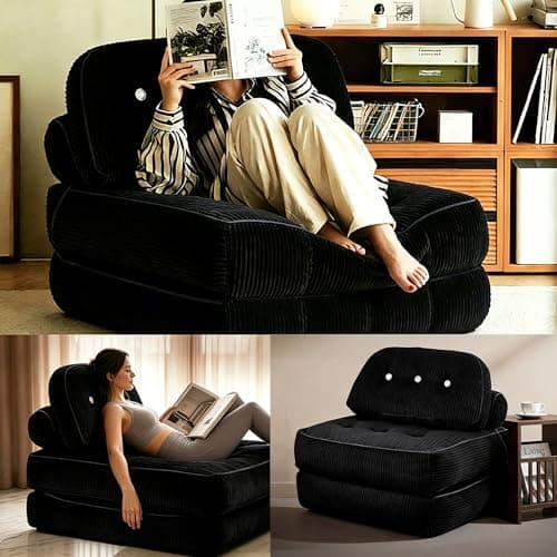 Sillón Cama Plegable NESLAKO de Franela con Almohada y Manta para Espacios Pequeños, Negro