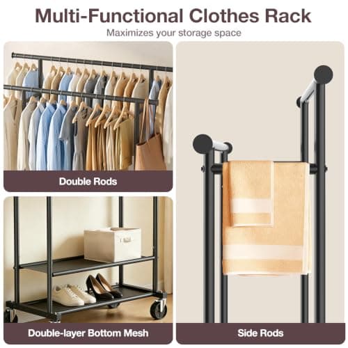 WATIOWL Portable Clothes Rack Rolling Garment Rack with Wheels 26OLBS Black thumbnail 3