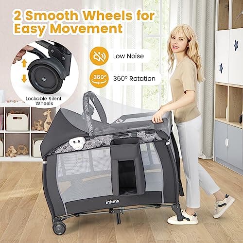 INFANS 4 in 1 Pack and Play, Portable Travel Baby Playard with Bassinet, Changing Table, Canopy, Mosquito Net, Hanging Toys, Music Box, Storage Bag, Large Playpen from Newborn to T thumbnail 8