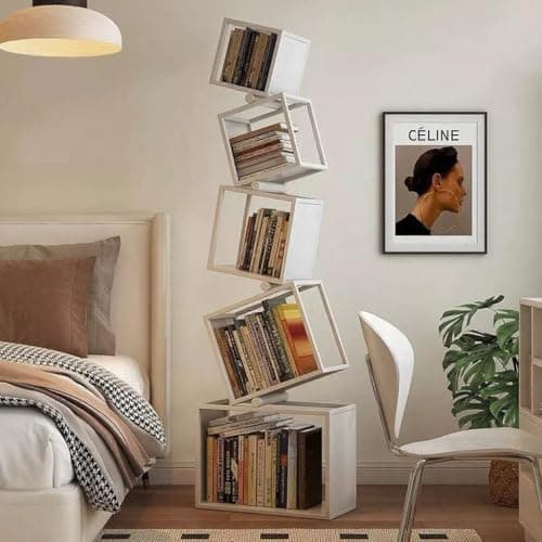 TDDFLO Geometric Bookshelf, 5-Tier Metal Unique Bookcase Modern Bookcase, Corner Bookshelf for CDs/Books/Home Decor -White