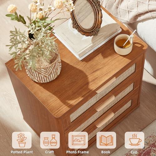 Buró de Noche LEYAOYAO de Rattan con 3 Cajones Estilo Boho