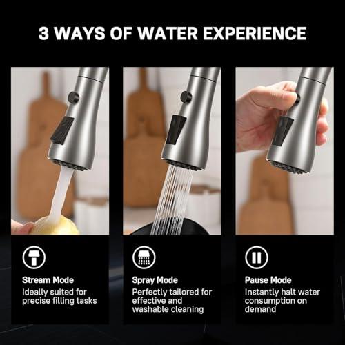 WEWE Single Handle High Arc Brushed Nickel Pull Out Kitchen Faucet,Single Level Stainless Steel Kitchen Sink Faucets with Pull Down Sprayer,Suitable for Laundry Rv Bar thumbnail 4